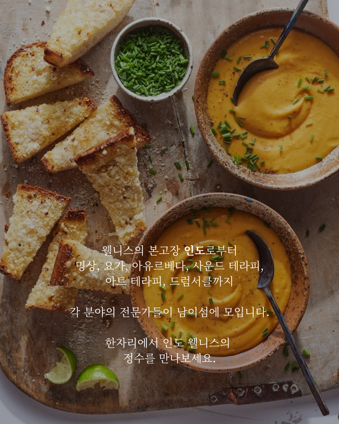 웰니스의 본고장 인도로부터 명상, 요가, 아유르베다, 사운드 테라피, 아트 테라피, 드럼써클까지 각 분야의 전문가가 남이섬에 모입니다 한 자리에서 인도 웰니스의 정수를 만나보세요