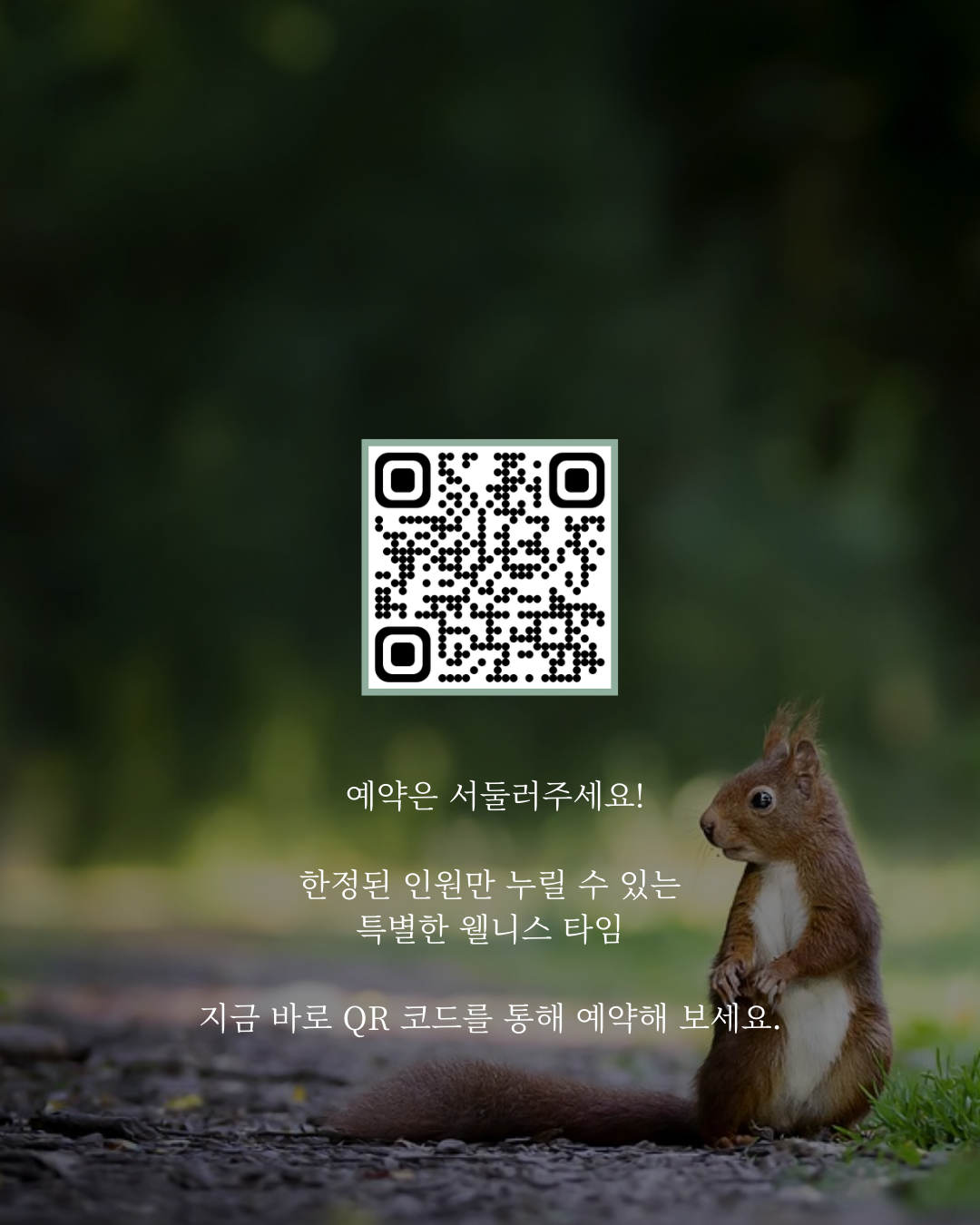 예약은 서둘러주세요! 한정된 인원만 누릴수 있는 특별한 웰니스타임 지금 바로 QR코드를 통해 예약해보세요